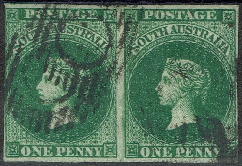 SOUTH AUSTRALIA 1855 QV 1D IMPERF PAIR LONDON PRINTING USED