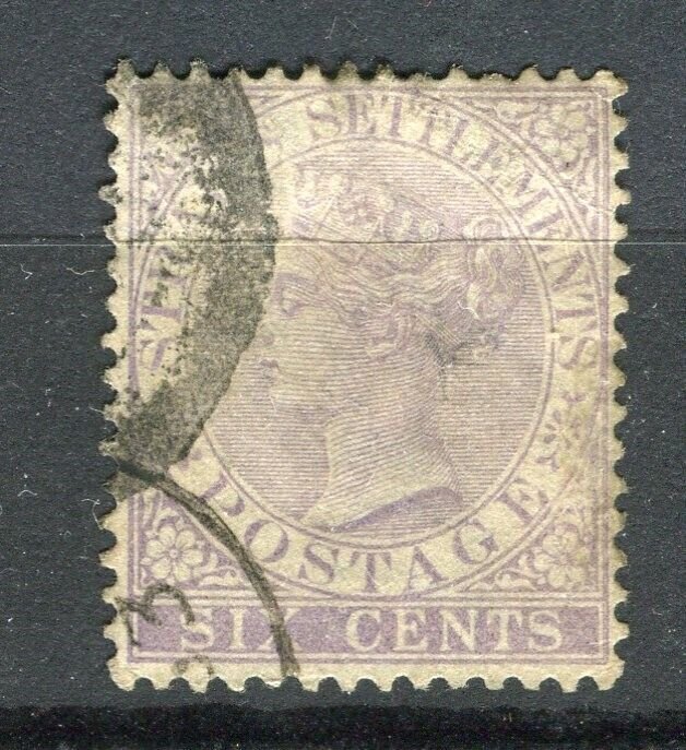 MALAYA; 1867 early classic QV Crown CC issue used 6c. value