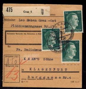 1942 Graz Germany Parcel Receipt Cover to Klagenfurt