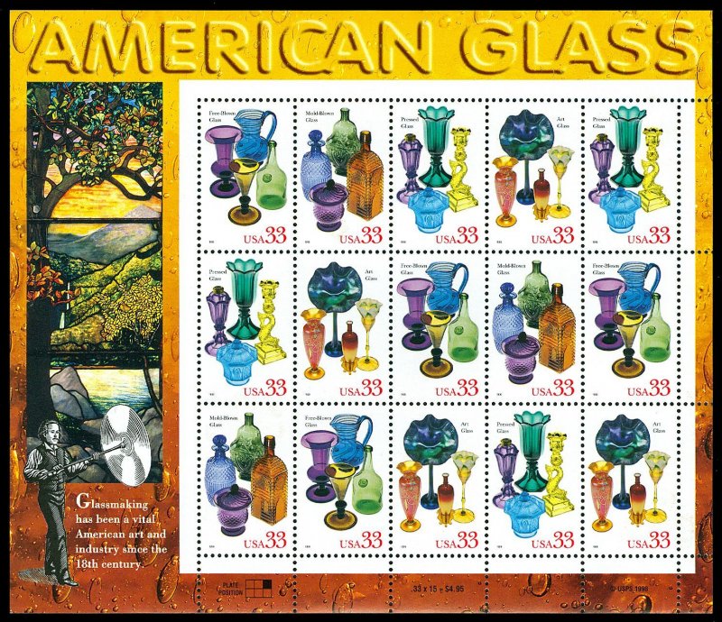 Scott 3328a 33c American Art Glass Mint Sheet VF NH Cat $28.50 (face $4.95)
