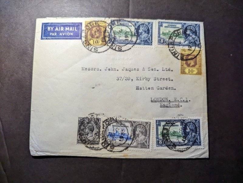 1935 British Singapore Straits Settlements Airmail Cover to London EC1 England
