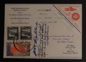 1936 Reynosa Tamps Mexico First Rocket Flight Mail cover To McAllen USA Signed 2