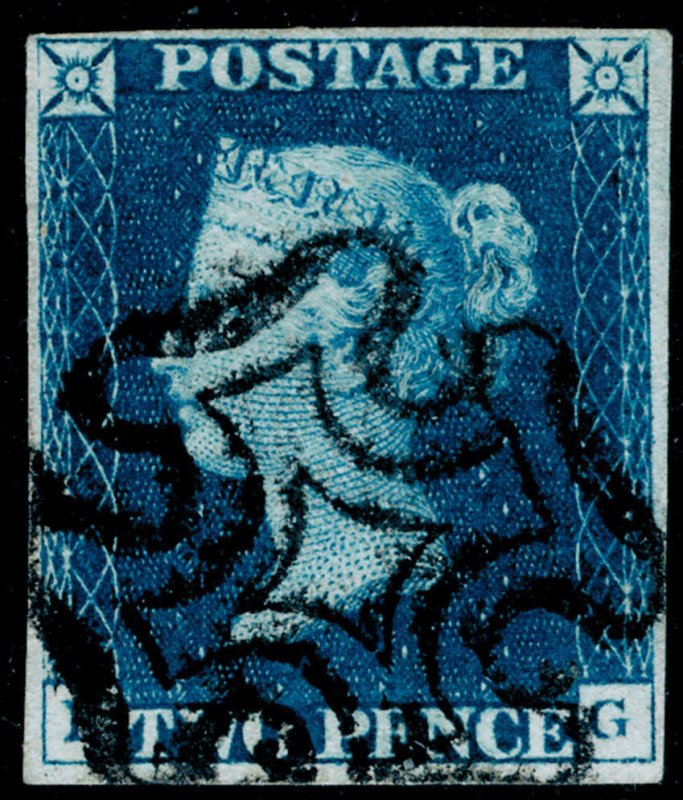 GB 1840 SG5, 2d blue, FINE USED. Cat £900. BLACK MX.