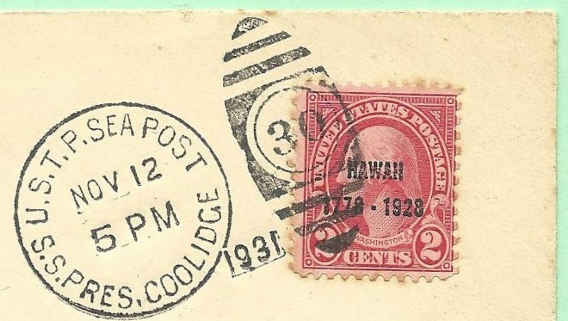 11/12/1931 cover USTP Sea Post SS Pres Coolidge Hawaii Overprinted #647 Honolulu