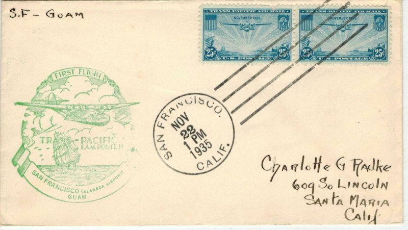 1935 Airmail Trans Pacific 1ST FLIGHT SAN FRANCISCO TO GUAM C20 FDC Pair Clean!