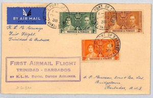 TRINIDAD & TOBAGO Air Mail 1938 KLM FIRST FLIGHT Barbados KGVI Coronation ZC152