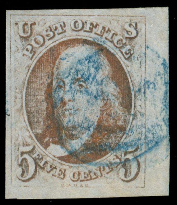 MOMEN: US STAMPS #1 IMPERF USED BLUE CANCEL XF