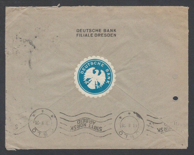 Germany Sc 336,353 perfin DB DE on 1928 Registered cover Dresden to Oslo sound