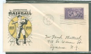 US 855 1939 3c Baseball Centennial On An Addressed FDC (First Day Of Sale, Second Day Cover, Washington, D C Cancel), With A Cou