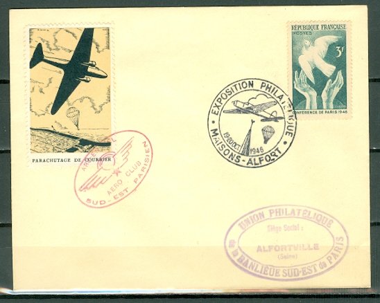 FRANCE PARACHUTING MAIL PARIS EXPO 1946..SOUV. ENVELOPE...YELLOW LABEL