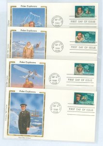 US 2386-2389 1988 25c antarctic explorers, set of 4 on 4 FDCs, unaddressed each with a colorano silk cachet