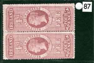 GB IRELAND QV REVENUE Stamp PAIR 4d (1872) REGISTRATION OF DEEDS Mint S2WHITE87