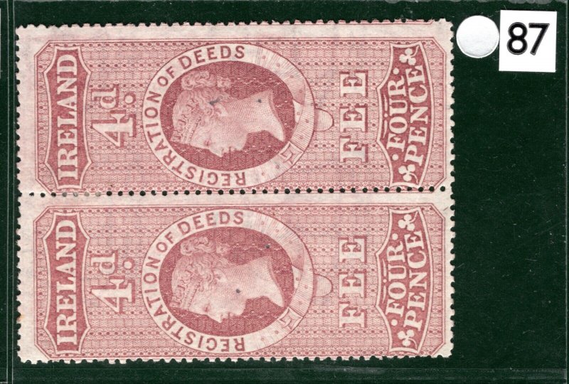 GB IRELAND QV REVENUE Stamp PAIR 4d (1872) REGISTRATION OF DEEDS Mint S2WHITE87