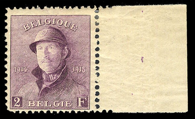 Belgium #135 Cat$375, 1919 2fr Helmet, right margin single, hinged