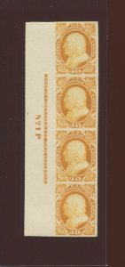 46P4 1875 Franklin Reprint Proof on Card Plate # & Imprint Strip of 4 Stamps