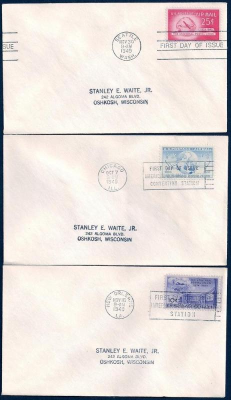 UNITED STATES FDCs (3) Air Mail 1949 Uncacheted