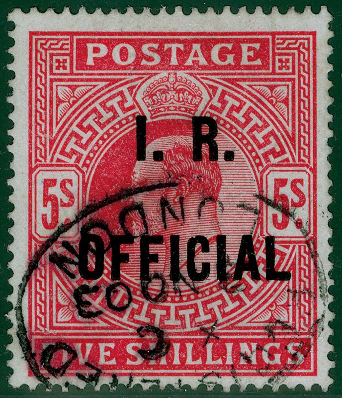 SG O25, SCARCE 5s bright carmine, FINE USED. Cat £10000. CERT 