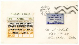 1945 US World War II Patriotic Cover Humanity Date/ United Nations Peace...