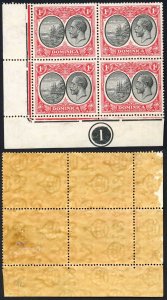 Dominica SG73 1d Black and Scarlet Plate 1 Block (Blown Gum) Scarce