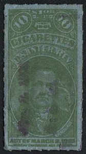 US 1901 Used Tax Paid Revenue, 10 Cigarettes, #TB18 green on blue paper VF
