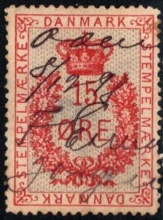 1875 Denmark Revenue 15 Ore General Tax Duty Used