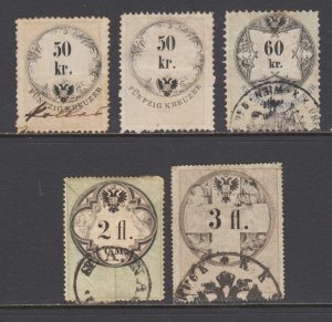 Austria, Bft 65/107 used. 1860-64 revenues, 5 different, sound, F-VF.