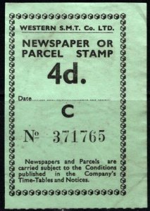 Vintage Great Britian 4 Pence Western S.M.T. Co. Ltd.  Parcel Newspaper Stamp