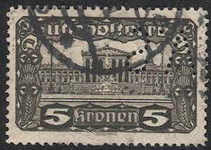 AUSTRIA 1920 Sc 223 5k Used VF Parliament Building + S.V. Perfin