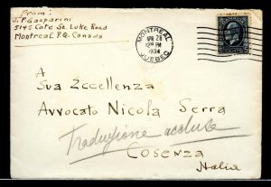 >> ITALY << 5c Medallion 1934 issue 1st ounce UPU rate cover Canada