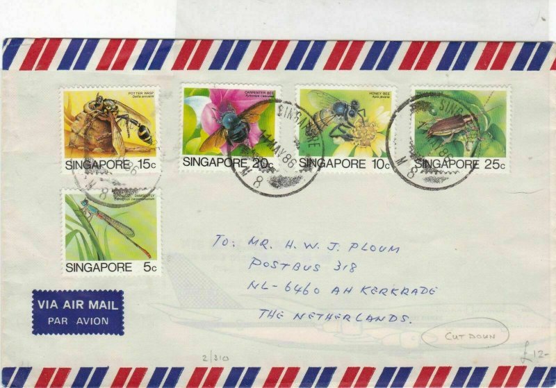 singapore 1986 assorted insects air mail stamps cover ref 20515