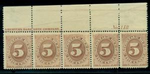 US #J4 5¢ brown Postage Due, Imprint Plate No. Strip of 5, NH Miller certificate