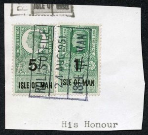 Isle of Man KGVI 5/- and 1/- Key Plate Type Revenues CDS on Piece