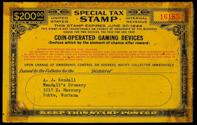 U.S. REV. STAX -COIN OPER. GAMING DEVICES FYE 1944  Used (ID # 61912)- L