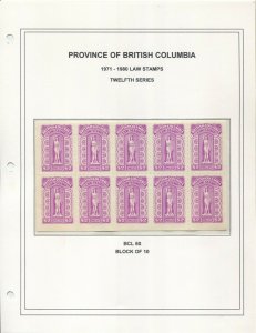 CANADA REVENUE BCL60 MINT BRITISH COLUMBIA LAW STAMP BLOCK OF 10