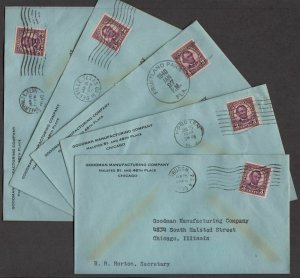 1940 late use Sc 600 perf 10 vertical coil, lot of 5 different covers CV $30 (B