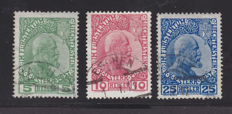 Liechtenstein Sc 1-3 used 1912 Prince Johann II, First Issue cplt Almost VF