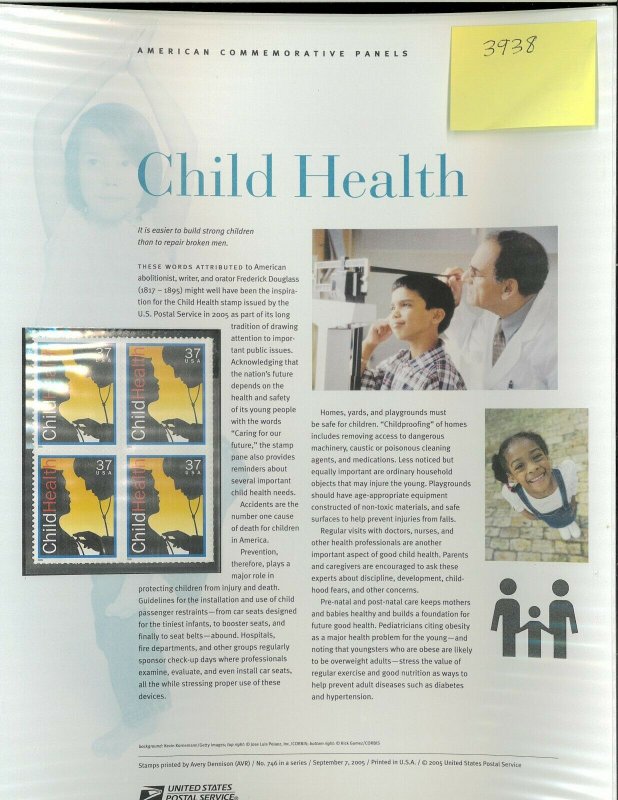 USPS COMMEMORATIVE PANEL #746 CHILD HEALTH #3938