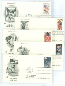 US 3776-3780 2003 37c old glory, flags, set of 5 on 5 addressed fdcs with postal commemorative society cachets