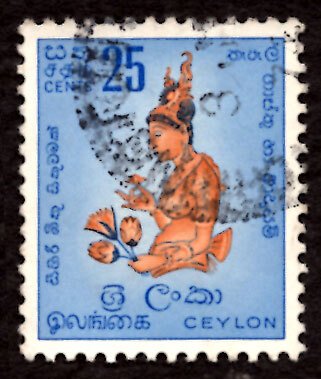 Ceylon/Sri Lanka 1954 Sigiriya fresco, Woman Flowers 25c Scott.322 Used (#7)