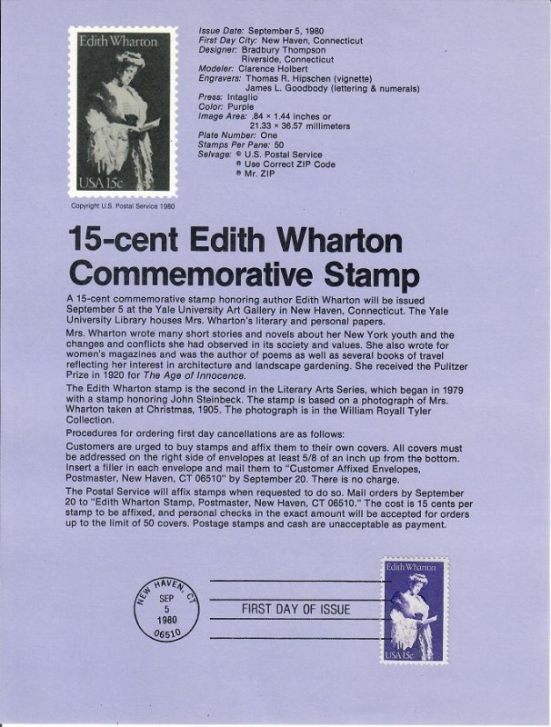 US SP494 Edith Wharton Souvenir Page #1832