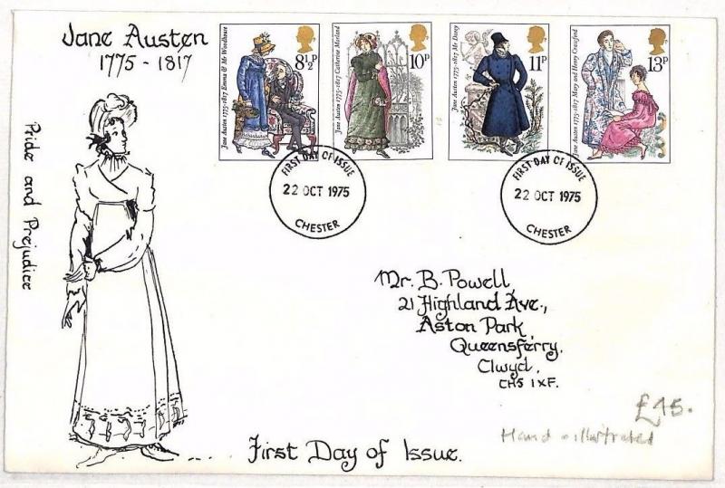 AO142 1975 GB HAND-ILLUSTRATED FDC First Day Cover *Jane Austen* {samwells}