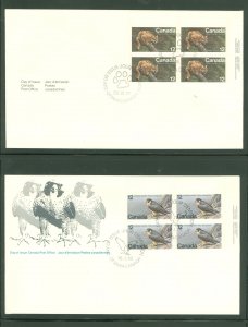 Canada 732/752 1977-78 2 U/A plate block FDCs; Endangered Wildlife, Eastern Cougar, Perigrine Falcon