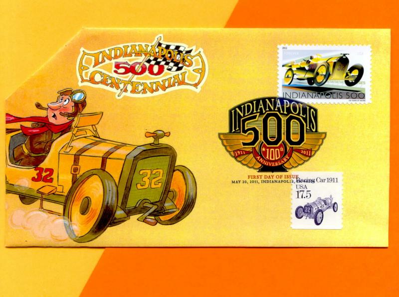 Indianapolis 500 Centennial -- Racer Chased By Giant Bug on Colorful Pop-Up  FDC
