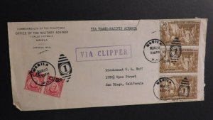 1936 Air Mail Military Advisor Cover Manila Trans Pacific to San Diego CA USA