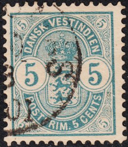 Danish West Indies 1900 used Sc #22 5c Coat of Arms - pencil point indentatio...