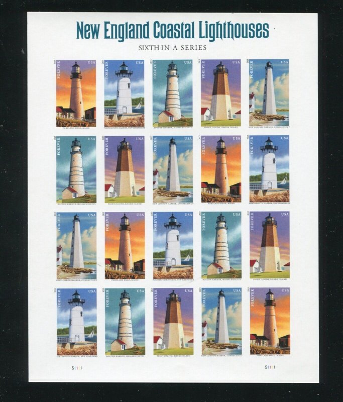 4795A New England Coastal Lighthouses Sheet of 20 Imperf Forever Stamps MNH 2013 