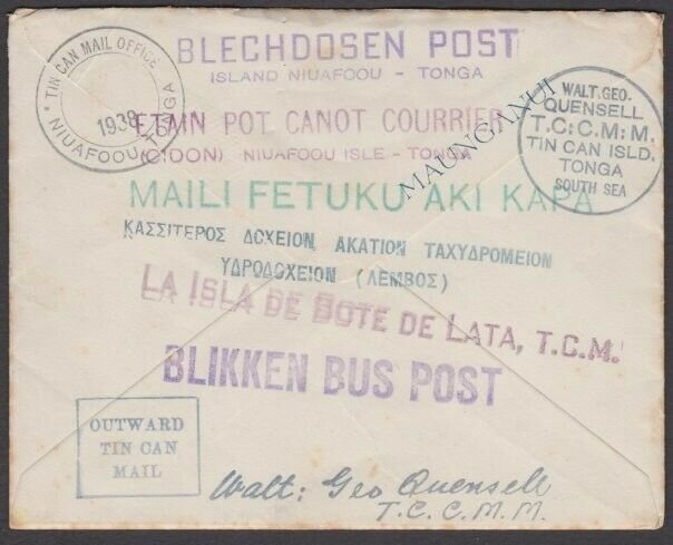 TONGA 1938 Tin Can Mail cover - SS Maunganui................................V965 