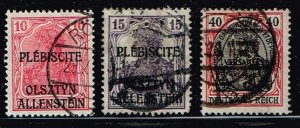 Allenstein 1920,Sc.#2; 3, 7 used Germania overprinted OLSZTYN-ALLENSTEIN