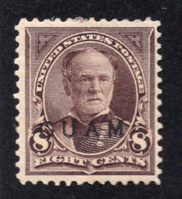 Guam 1899 8c violet brown Overprint, Scott 7 MH, value = $125.00