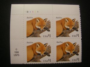 Scott 3036, $1 Fox, PB4 #B1111 UL, MNH Beauty, Flora & Fauna series